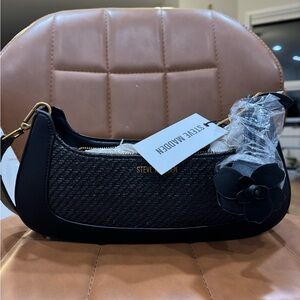 Steve Madden Black Woven Shoulder Bag with Flower Charm